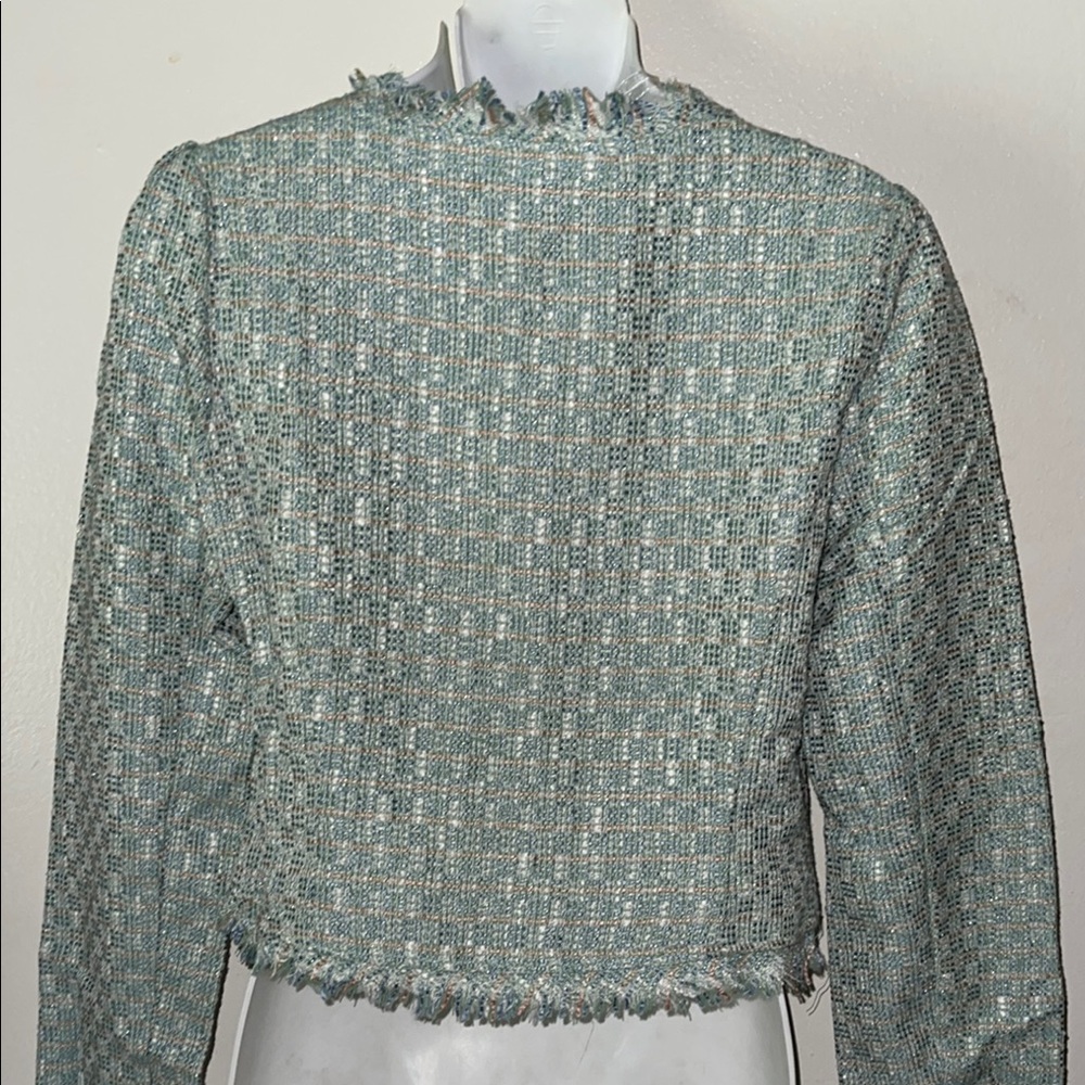 Blue Cropped Blazer with Textured Fabric - Picture 6 of 7